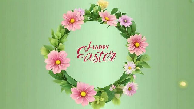 vertical animation showcasing flower wreath frame with &ldquo;Happy Easter&rdquo; text on vibrant green background ideal for social media templates