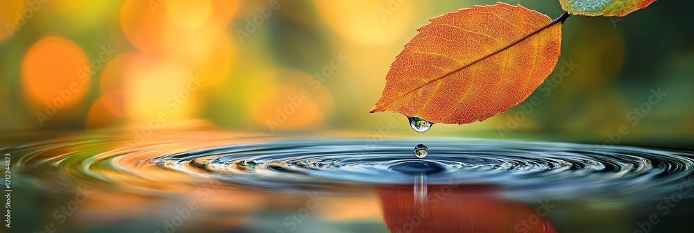 Poster autumn leaf dropping water, creating ripples in still pond.