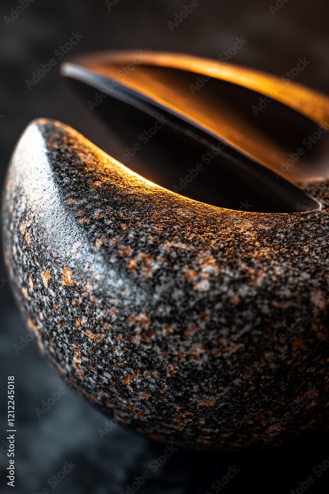 Leinwandbilder Close-up of a dark, speckled, metallic object with a sharp, curved edge, illuminated by a warm light source.