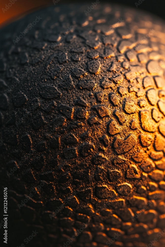 Poster Close-up of a dark, textured sphere with a honeycomb-like pattern illuminated by warm light.