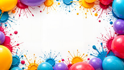Colorful balloons and paint splatters framing blank space for party invitations