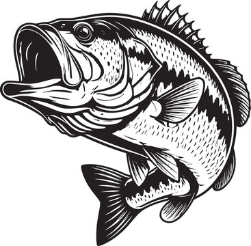 black and white bass fish jumping clip art preview
