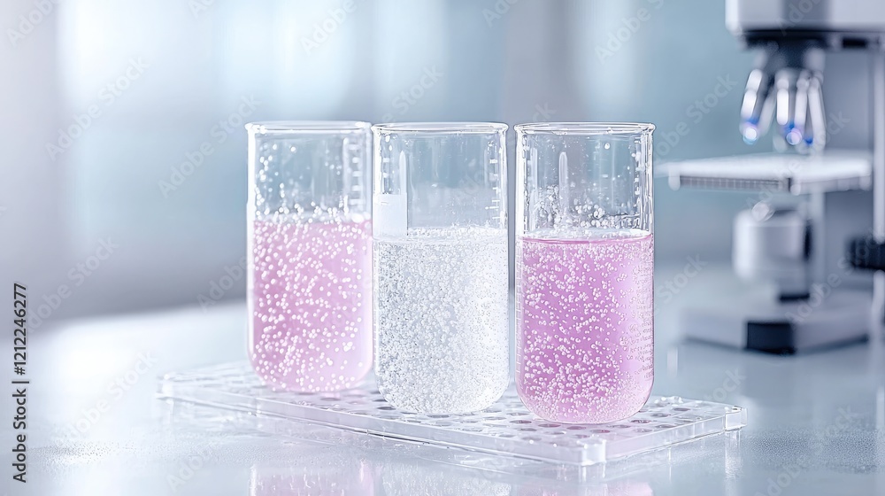 Poster lab experiment three beakers with liquids, bubbles, and a microscope in the background