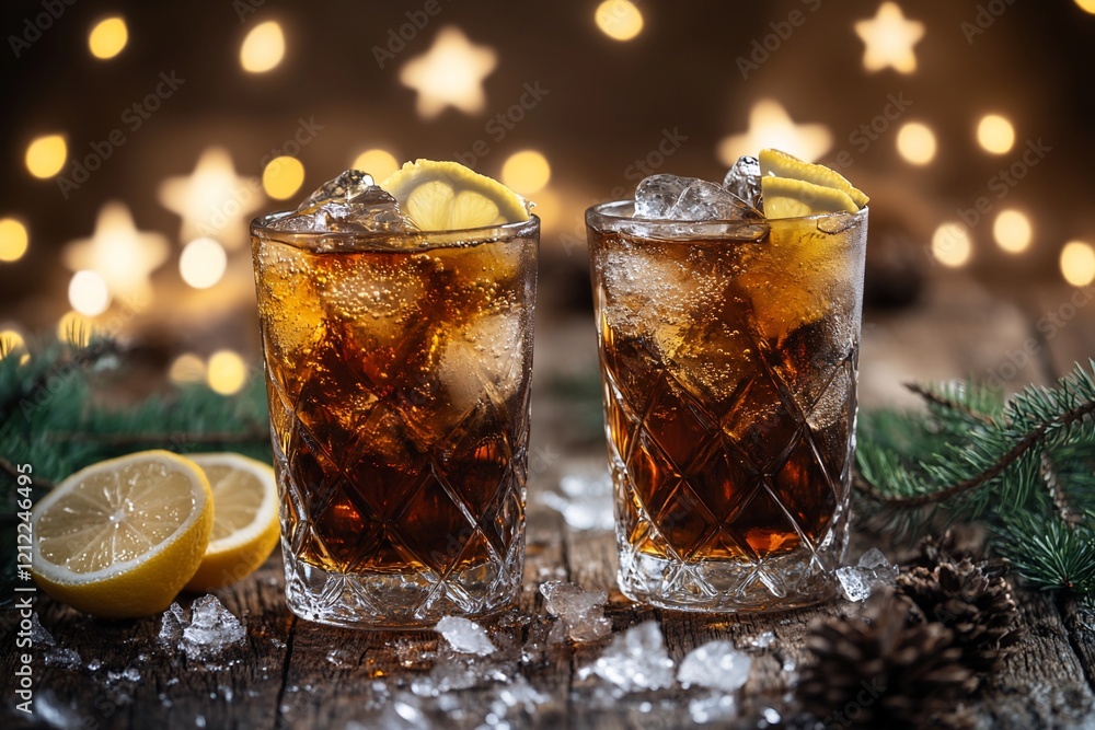 Poster two glasses of cola with ice and lemon slices on a wooden table with a festive background.