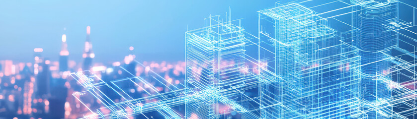 Obraz premium Futuristic city skyline with blueprints overlay, showcasing modern architecture and technology, creating vibrant urban atmosphere