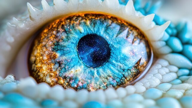 A close-up of an aliena??s glowing eyes, with a faint galaxy pattern visible within them.