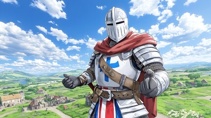 Naklejka premium Medieval Knight Thumbs Up Rural Landscape Fantasy Illustration