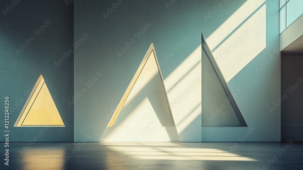 Poster Sunlight streams through triangular cutouts in a minimalist interior wall, illuminating a spacious, empty room with a polished floor.