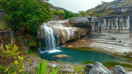 Obraz premium Serene Waterfall Cascading into a Clear Pool Below