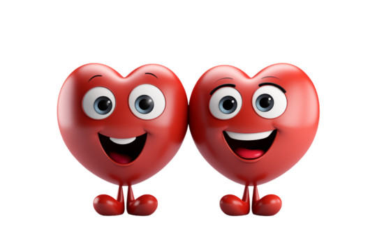 Two Happy Cartoon Hearts Expressing Joy and Friendship isolated from background, png
