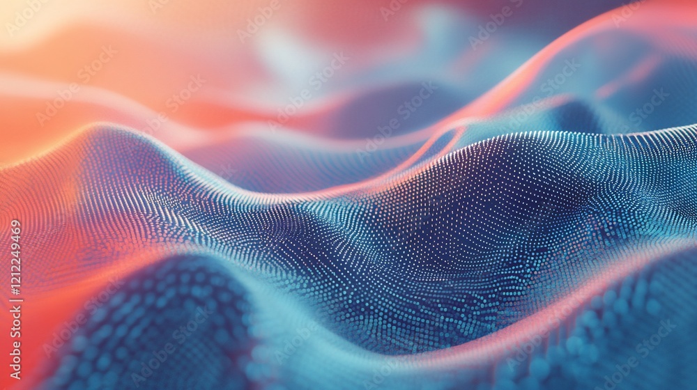 Poster abstract digital landscape with wavy lines and vibrant color gradients of red and blue.