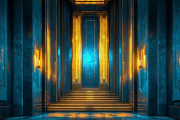 Obraz premium Illuminated Marble Hallway with Golden Accents and Stairs