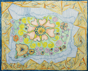 Framed garden, blue pen and ink, colored abstract work. The dabbing technique near the edges gives a soft focus effect due to the altered surface roughness of the paper.