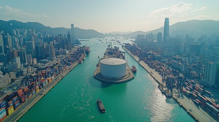 Naklejka premium A wide shot of the Tsing Yi port in Hong Kong, featuring a large oil storage tank surrounded by shipping containers and industrial facilities, highlighting the busy port environment.
