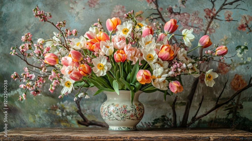 Poster a stunning arrangement of colorful garden flowers in a classic vase adds a burst of beauty to a rust