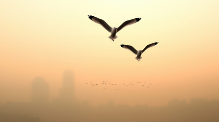 Naklejka premium Fog in Nature Themed, Flock of seagulls flying over foggy cityscape at sunrise, creating serene atmosphere