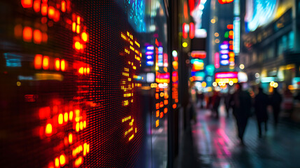 Night city stock ticker displaying financial data.