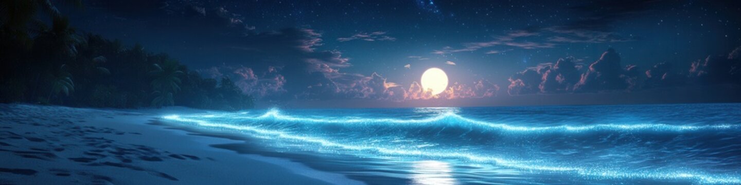 Bioluminescent Waves at Vaadhoo Island, Maldives, shimmering water glows under moonlight, enchanting nightscape, otherworldly beauty.