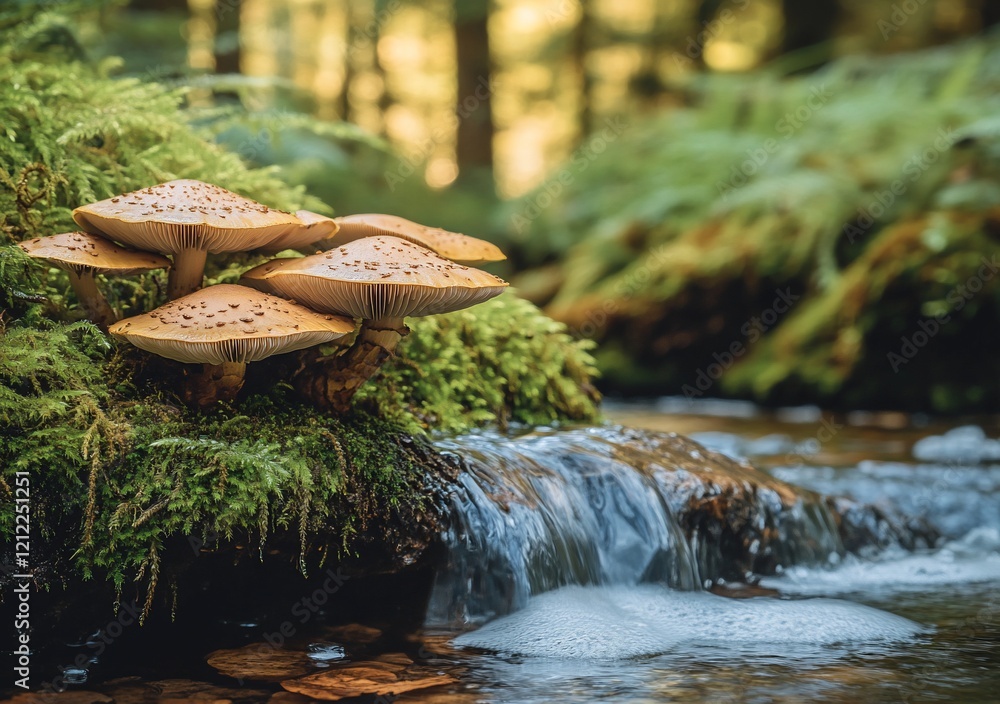 Poster cluster of mushrooms growing near a cascading stream in a lush forest.