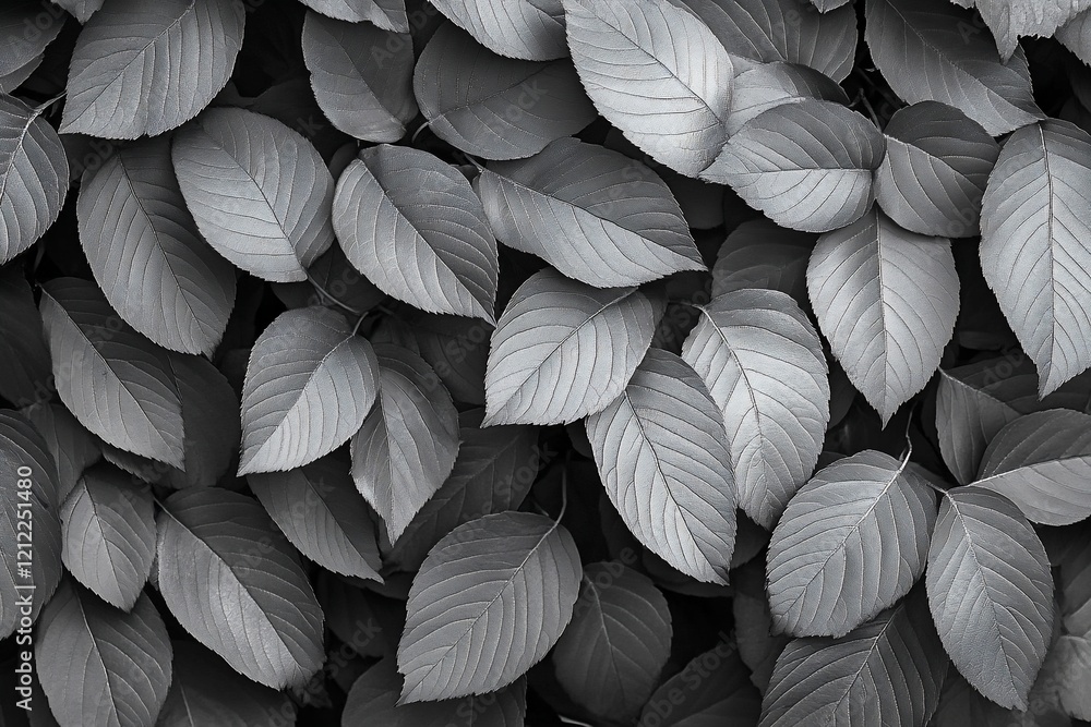 Aufkleber monochrome close-up of numerous overlapping leaves, creating a textured background.