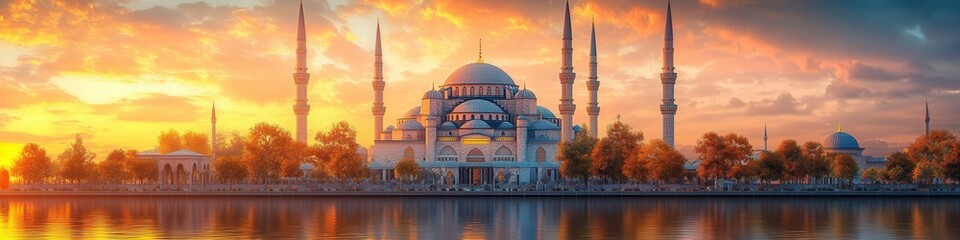 Fototapeta premium Sunset Glow at the Blue Mosque, Istanbul, towering minarets, intricate tiles, enveloped in warm golden light, enchanting cityscape