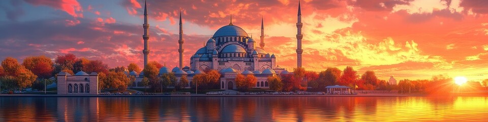 Enchanting Blue Mosque at Sunset, minarets reach skyward, intricate tile patterns glow golden, Istanbul's beauty captured in low poly style