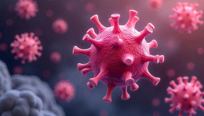 Microscopic 3D Render of Pink Coronavirus Particles Viral Infection Close Up View