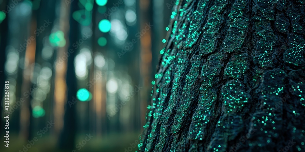 Poster carbon dioxide climate monitoring concept. close-up of a textured tree trunk in a forest with glowin