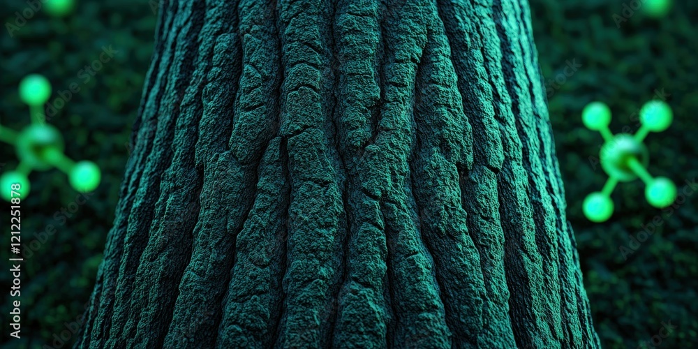 Poster carbon dioxide climate monitoring concept. close-up view of a tree trunk surrounded by green molecul