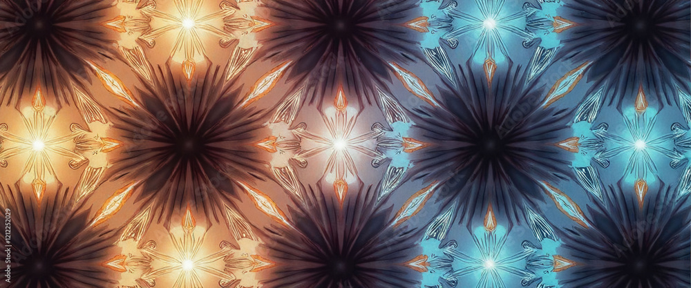 Poster a colorful pattern of snowflakes with a blue and orange background. the snowflakes are arranged in a