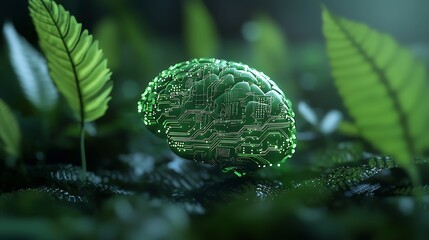 Green Circuit Brain in Lush Foliage; AI Nature Concept