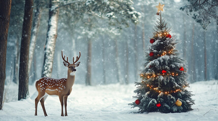 Winter wonderland: deer and decorated christmas tree in snowy forest