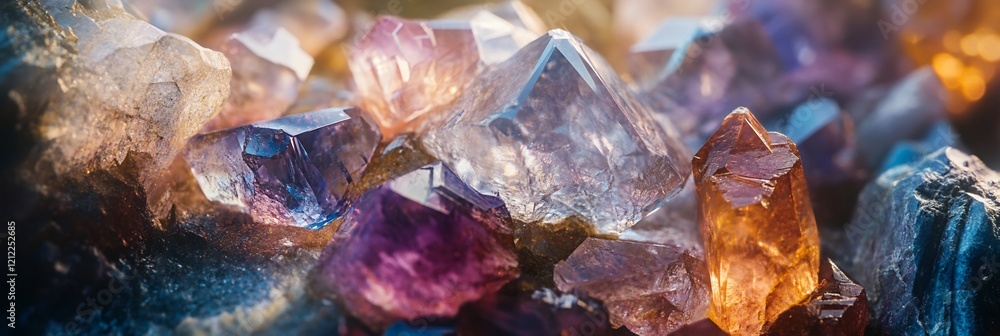 Poster close-up of colorful crystals with various shapes and sizes, illuminated with warm light.