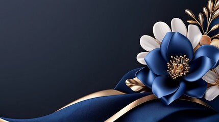 Elegant navy blue silk fabric with gold ribbon and white and blue flowers.