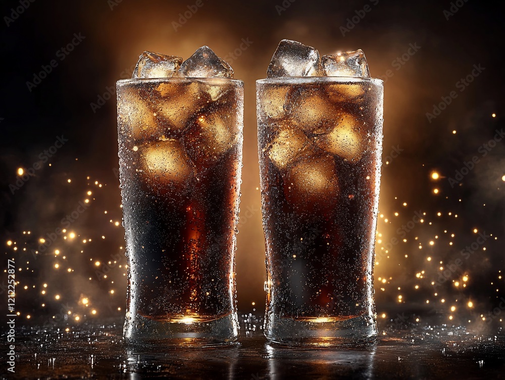 Poster Two glasses of cola with ice cubes on a dark background with bokeh lights.