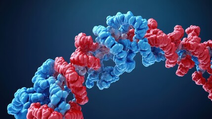 Abstract representation of a double helix structure, rendered in vibrant blue and red tones against a deep blue backdrop.