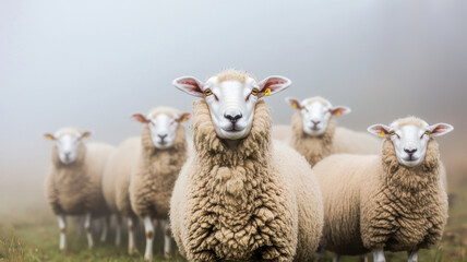 Obraz premium Fog in Nature Themed, Flock of sheep standing together in foggy pasture, creating serene atmosphere
