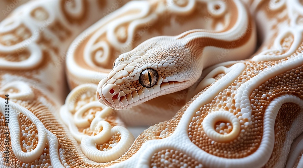 Poster Close-up of a cream and tan patterned snake, coiled with intricate details visible on its scales.
