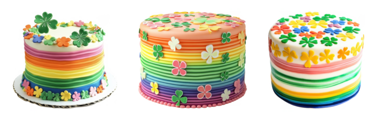 St Patrick's Day element Three colorful, layered cakes decorated with flowers and clovers