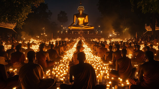 Makha Bucha Day, night view at a temple with a huge Buddha statue surrounded by thousands of candles, monks and believers praying together in silence