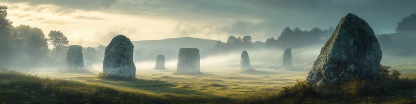 Misty Enchantment at Avebury Stone Circles, ancient stones shrouded in fog, serene countryside, mystical atmosphere, timeless beauty.