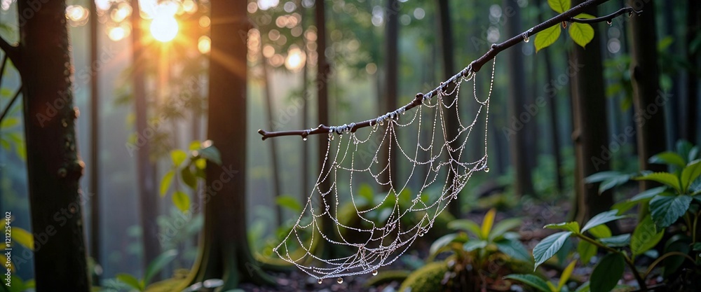 Poster a spider web is hanging from a tree branch. the web is very large and has a lot of detail. the sun i