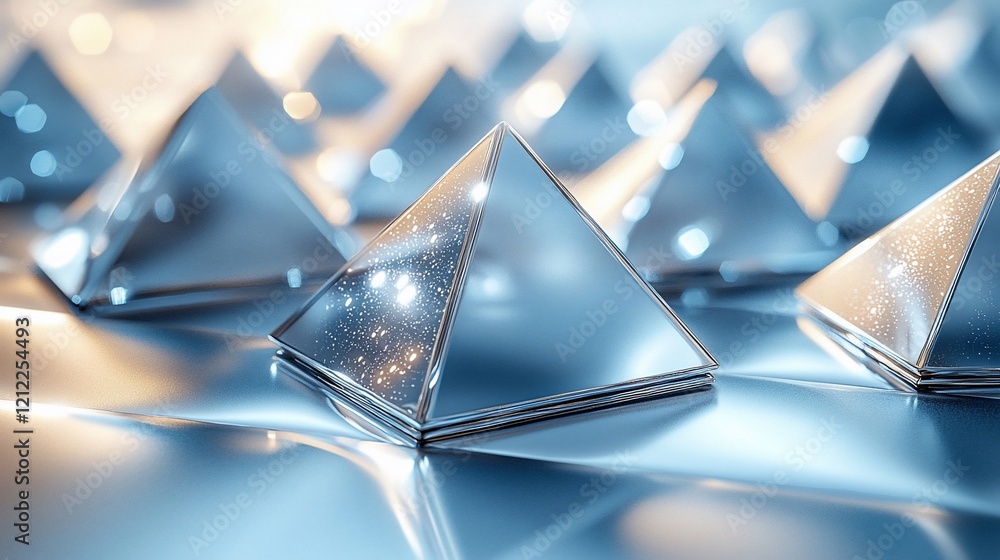 Poster Abstract metallic pyramids reflecting light on a shiny surface.