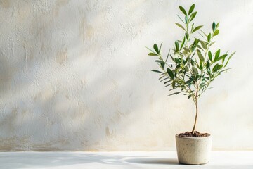 Young olive tree on light background. Space for text.