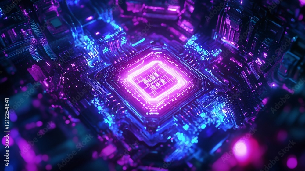 Poster close-up of a glowing purple and blue circuit board with a central processor.