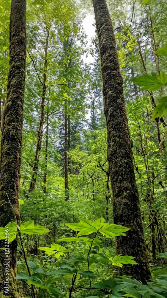 Poster tall trees and lush greenery create a serene atmosphere in a dense forest during midday exploration