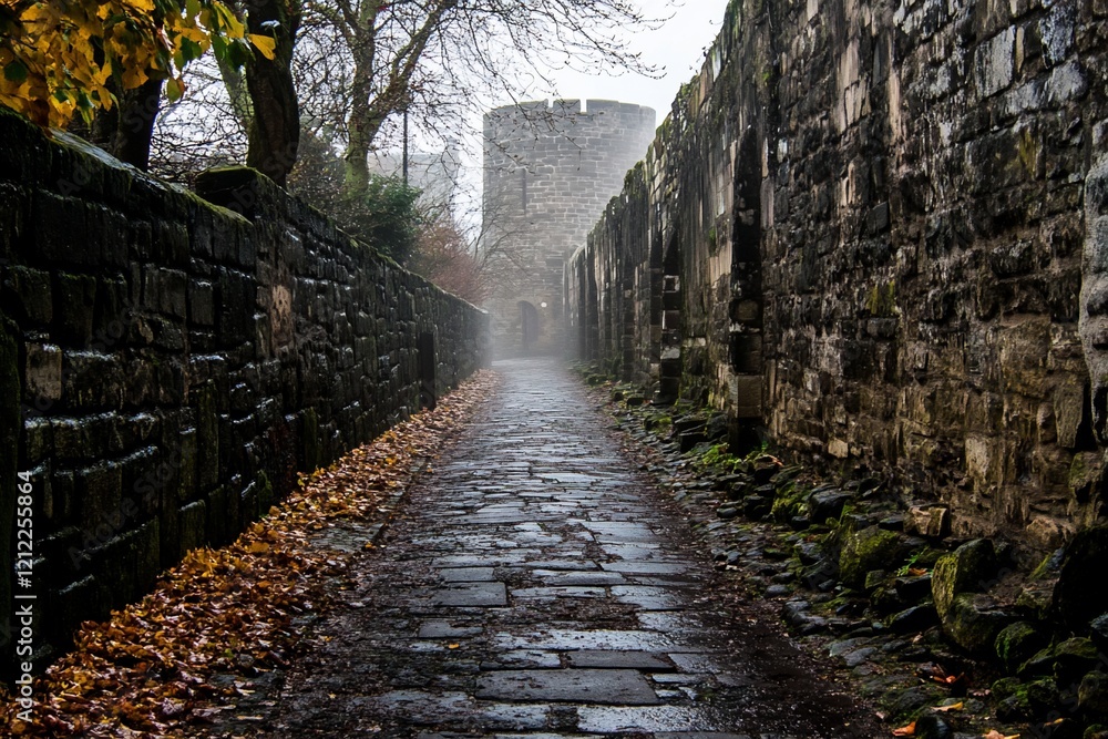 Aufkleber misty cobblestone path between ancient stone walls leading to a distant tower.