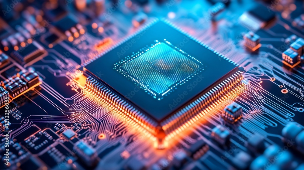 Poster Close-up of a computer processor on a circuit board, glowing with orange light.