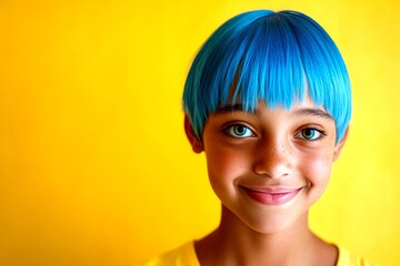 Stunning smiling mixed-race girl - for ads, banner and web use. Commercial commercial idea. Short hairdo - blue hair. Vibrant hair concepts. Fashionable short hair portraits. African beauty.