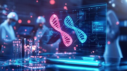 A biotech industry laboratory featuring advanced gene editing tools, holographic DNA models, and scientists working on groundbreaking research
